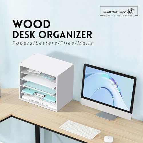5 Tier Wood Desk Organizer, Mail Sorter and Paper Organizer for Desk, White - Image 2
