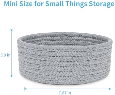 ABenkle Small Woven Basket, Empty Tiny Shallow Storage Basket, Mini Cotton Rope Baskets, Round Decorative Hamper, Basket Storage Bins for Toys, Spa, Socks, Nursery, Living Room- Grey - Image 2