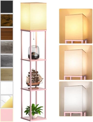 Pink Floor Lamp with Shelves for Living Room, Shelf Floor Lamp with 3 CCT LED Bulb, Corner Display Standing Column Lamp Etagere Organizer Tower Nightstand with White Linen Shade for Bedroom, Office by PARTPHONER