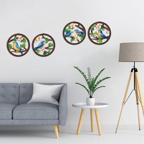 HPNIUB Bird on Birch Tree Branch Wall Decor, Modern Green Leaves Little Birds Laser Cut Artwork, 4 Pieces 10''x10'' Rustic Farmhouse Nature Animals Wall Hanging Plaque for Living Room Bedroom - Image 3