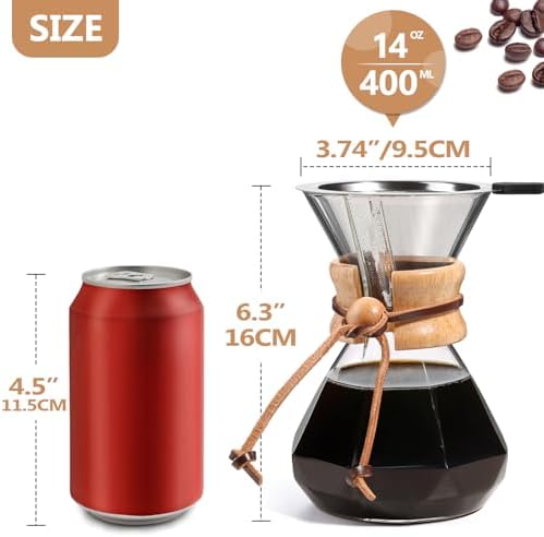 Pour Over Coffee Maker 14 OZ, 4 Cup Borosilicate Glass Drip Coffee Maker with Reusable Stainless Steel Filter and Cork Grip for Home Café 400 ML (Diamond Shape) - Image 3