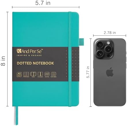&And Per Se Dotted Journal Notebook, A5 Hardcover Leather Dotted Journal, 160 Pages 100gsm Thick Dot Grid Paper, 3 Sheets of Stickers Included - 5.7'' x 8'' (Turquoise) - Image 2