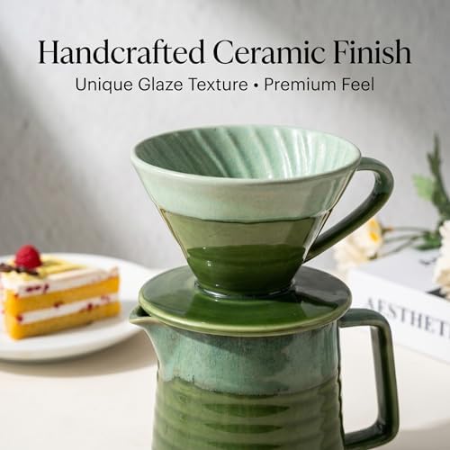 Topadorn 15oz Pour Over Coffee Maker Set, Ceramic Dripper & Carafe, Green - Image 4