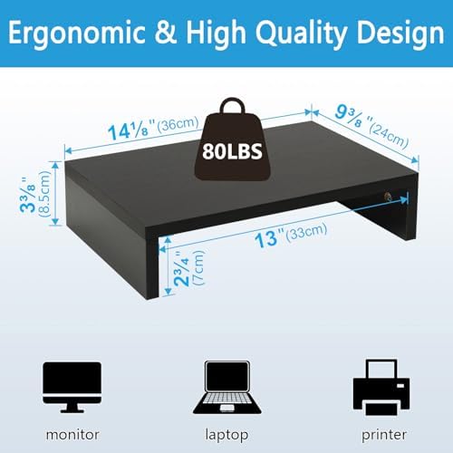 TEAMIX Black Monitor Stand Riser, Wood Desk Organizer for Laptop & Computer - Image 4