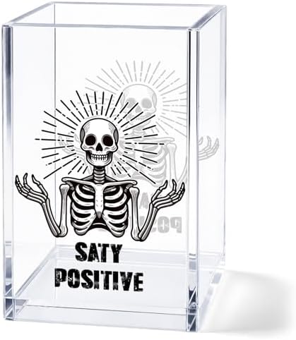 Skeleton Acrylic Pen Holder Cup, Stay Positive Funny Desk Decor, Goth Pencil Holder Organizer, Skull Office Accessories, Cute Coworker Gift for Women Men by Unknown