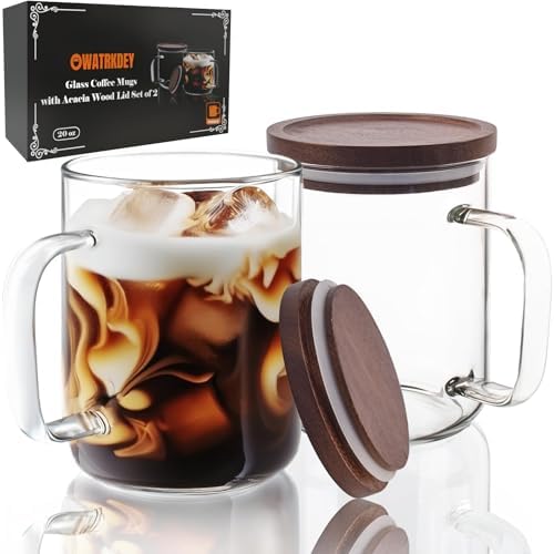 Glass Coffee Mugs Cups with Acacia Wood Lid 20 oz, Glass Mug Set of 2, Large Coffee Mug with Handles, Coffee Mugs for Latte, Espresso, Tea by OWATRKDEY