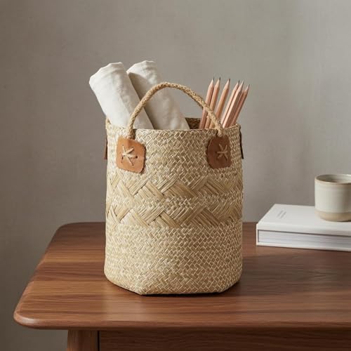 Handmade Basket Woven Organizer Basket Round Storage Bin With Open Top And Leather Strengthened Border Handcrafted Seagrass Weave Suitable for shelves, Coffee, Small - Image 3