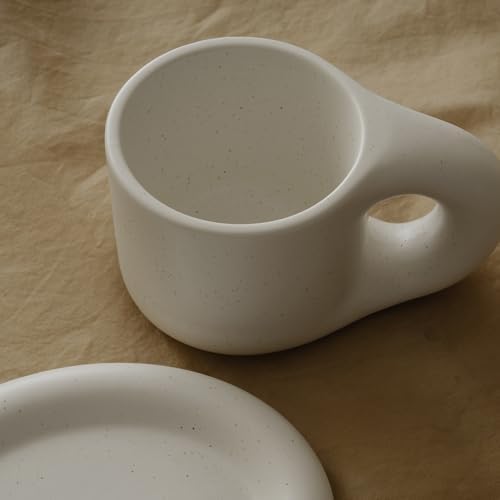 WENSHUO Ceramic Coffee Mug with Saucer, Cute Chubby Cup, 9 oz,Nacre White - Image 3