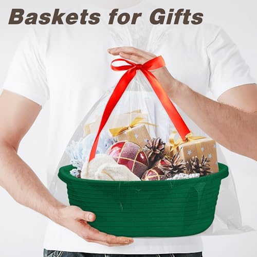 Pro Goleem Small Woven Basket with Gift Bags and Ribbons Durable Baskets for Gifts Empty Small Rope Basket for Storage 12"X 8" X 5" Baby Toy Baskets with Handles, Green - Image 2