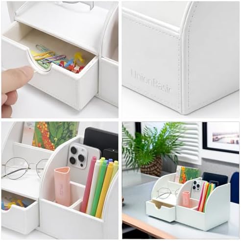 UnionBasic Desk Organizer - Multifunctional Leather Desktop Pen Holder Storage Box - Business Card/Pen/Pencil/Mobile Phone/Stationery Holder, White - Image 3