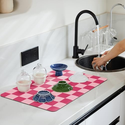 Ohocut Checkered Dish Drying Mat for Kitchen Counter, Coffee Bar Station Accessories, Retro Cute Girly Pink Aesthetic Modern Absorbent Drainer Mat Kitchen Drying Mat Easy Clean, Hot Pink 16" x 24" - Image 2