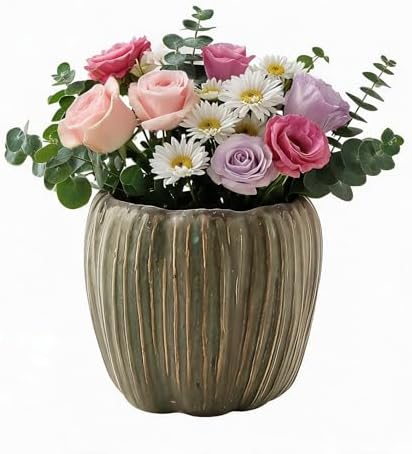 6 Inch Ceramic Planter Pot - Vintage Green Glazed Flower Pot with Accent Stripes, Decorative Indoor/Outdoor Plant Pot for Succulents, Herbs, Flowers - 5.9/6 Inches (Plants not Included) by JINNTHE