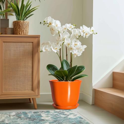 12 Inch Pots for Plants - Ceramic Planters Indoor with Drainage Hole and Saucer, Large Round Planter for Outdoor Plants, Decorative Flower Pot, Garden Decor, Plant Lover Gifts, Orange - Image 5