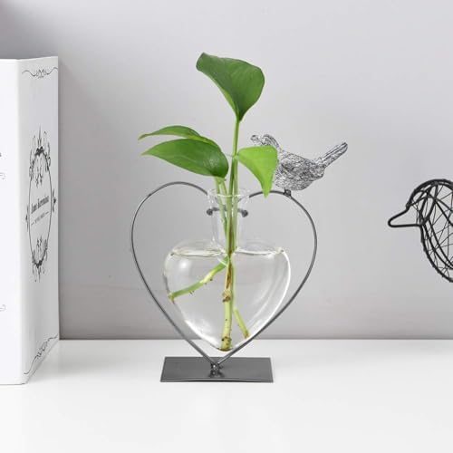Marbrasse Desktop Glass Vase, Bulb Glass Vases for Holder, Creative Bird with Heart Planter Vase, Plant Terrarium Metal Stand for Modern Office Home Wedding Decorations - Image 6