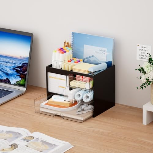 Marbrasse Desk Organizer with 3 Drawer, Multi-Functional Pencil Pen Holder for Desk, Desk Organizers and Accessories with 4 Compartments, Desktop Organizer Storage for Office Home Art Supplies (Black) - Image 4