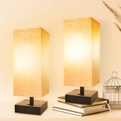 DEGNJU Small Bedside Lamp, Mini Minimalist Table Lamp with Square Flaxen Fabric Shade, 11 Inch Desk Reading Lamp for Bedroom, Living Room, Office, 2 Pack by DEGNJU