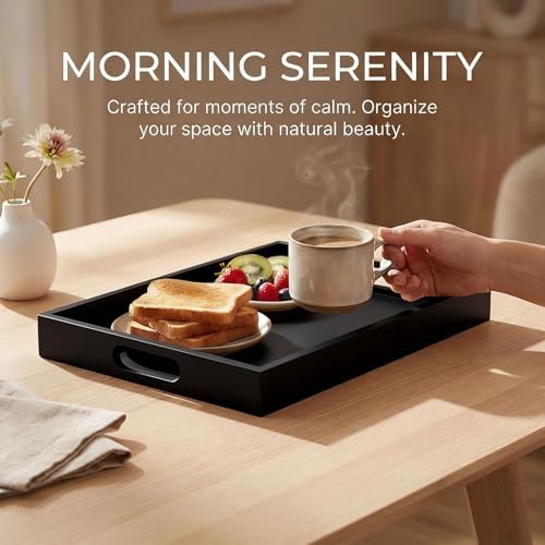 Krismax Wooden Serving Tray with Handles, Serving Platter 15.7x11.4 Inch Food Drinks Tray for Coffee Table,Decorative Storage Tray for Entertaining, Breakfast Tray in Bed,Lunch,Dinner,BBQ(Black) - Image 4