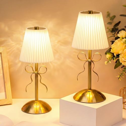 Liliful 2 Pcs Cordless Table Lamp LED Touch, Gold, Beige Cloth Style Bow by Liliful