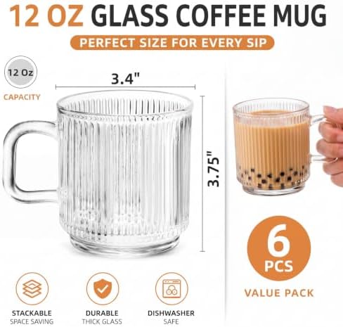 Noamus 6 Pack Premium Glass Coffee Mugs with Handle, 12 Oz Classic Vertical Stripes Glass Tea Cups, Transparent Ribbed Beverage Mugs, Clear Vintage Glassware Set for Hot Cold Americano, Cappuccino - Image 2