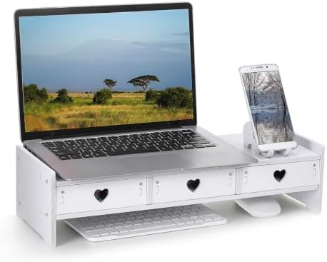 Tofficu Computer Monitor Riser with Drawer White Desk Shelf for Monitor and Keyboard Storage Rack Office Desk Organizer for Laptop Stand Riser for Home Office by Tofficu