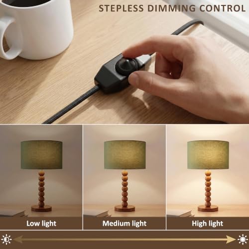 Buruis 17.5" Walnut Wood Beaded Table Lamp with Linen Shade, Dimmable,Green - Image 5