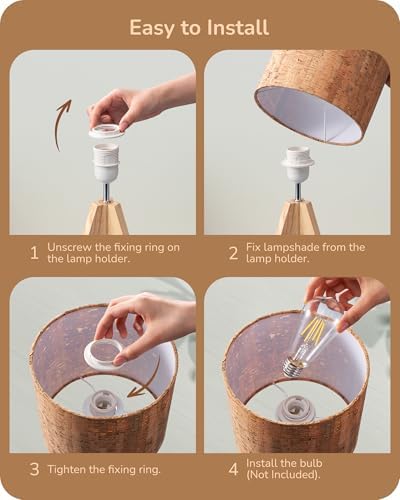 EDISHINE Small Table Lamp, Wood Tripod Nightstand Lamp, Bark Linen Shade - Image 4