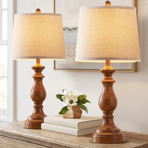 PARTPHONER Traditional Table Lamp Set of 2, Rustic Farmhouse Table Lamps for Living Room Bedroom, 27" Bedside Desk Lamps Vintage Nightstand Lamps with Linen Shades, Wood Grain - Image 2