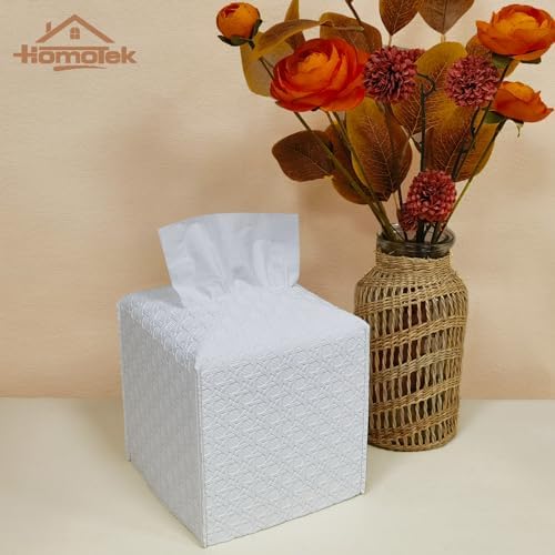 HOMOTEK 1 Pack Tissue Box Cover, Square PU Leather Tissue Holder, Decorative Facial Tissue Cube Paper Organizer Dispenser for Bathroom, Night Stands, Desk, Car 5X5X5'' - Rattan Weave, Pure White - Image 4