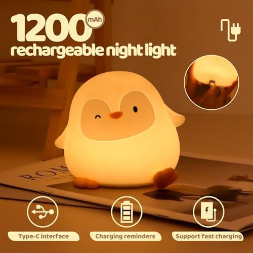 Rytinazzz Silicone Night Light for Kids, 50H Long Battery Penguin Lamp, Gift for Kids, Rechargeable Tap Control, Soft Dimmable Bedside Light with Timer - Image 7