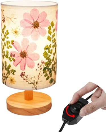 Dried Flowers Small Table Lamp 9W LED Dimmable Warm Light Pressed Flower Bedside Lamp Linen Shade with Wood Base for Bedroom Living Room Desk Nursery by Floresita