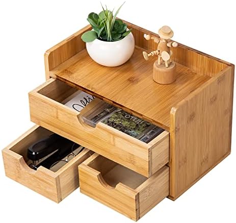 Rustic Bamboo Desk Organizer with Drawers,3-Drawer Desktop Storage Box by VERGOODR