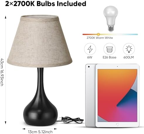 Touch Table Lamp for Bedroom Set of 2, 3-Way Dimmable Bedside Lamp for Nightstand, 17” Farmhouse Metal Desk Lamp with Linen Shade for Living Room, Kids Reading, Dorm, Home Office Decor, Bulb Included - Image 6