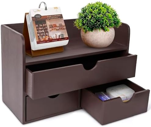 Besti Wooden Office Desk Organizer - Organizing Tool for Desktop, Cubicle, Bedroom, Kitchen - Vintage Style Organization Caddy with Top Tray Shelf & 3 Drawers - 13.6x9x7 Inches (Dark Brown) by Besti