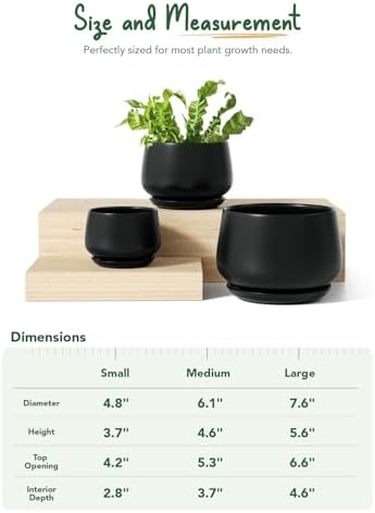 LE TAUCI Plant Pots, 4.1+5.1+6.5 inch, Set of 3, Ceramic Planters with Drainage Hole and Saucer, Indoor Flower Pot with Hole Mesh Pad, Gifts for Mom, Black - Image 6