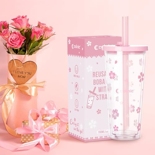 Reusable Plastic Boba Cup With Lids And Straws, 24Oz/700ml Smoothie Cups, Iced Coffee Cup, Leakproof Kawaii Cup, Boba Tumbler With Boba Reusable Straw,Double Wall Clear Bubble Tea Cup - Image 5
