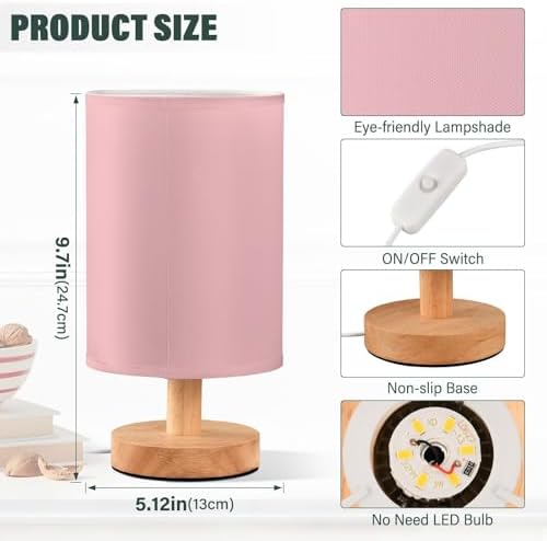 DOMIKING Ticklend Pink Print Bedside Table Lamp for Bedroom Small Lamps for Nightstand Lamp with Wood Base Desk Lamps for Living Room Office Dorm Home Nursery - Image 3