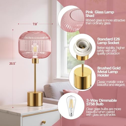 QiMH Glass Table Lamp for Living Room, Modern Bedside Lamp with Pink Ribbed Glass Shade, 3-Way Dimmable Touch Control Nightstand Lamp for Bedroom, Brushed Gold (2700K LED Bulb Included) - Image 4