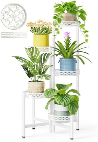 Metal Plant Stand Indoor Outdoor, 5 Tier Tall Flower Pot Holder Potted Display Rack Shelf, Heavy Duty Corner Plant Shelf for Patio Garden Balcony Living Room Bedroom - WhiteWave by Unknown