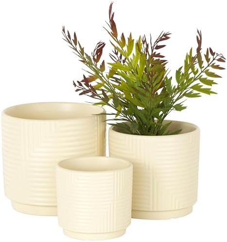 deco 79 Ceramic Geometric Indoor Outdoor Planter Small Planter Pot with Layered Square Shaped Grooves, Set of 3 Planters 7", 6", 5" W, Cream by Unknown