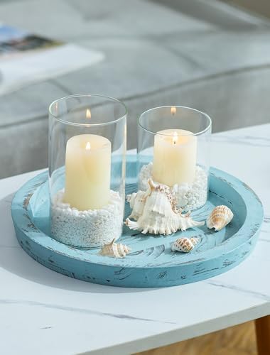 Hanobe Round Wood Candle Holder Tray, Ocean Blue Coastal Coffee Table Decor - Image 3