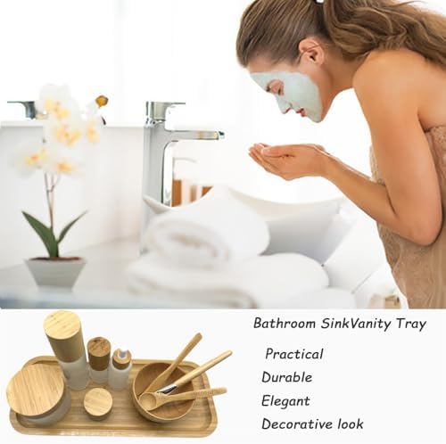 Wood Vanity Tray, Bathroom Counter Solid Bamboo Organizer, Toilet Tank Top Wooden Serving Plate for Dinner Tea Coffee (Natural Bamboo Color, 14 x 5.9 inch) - Image 4