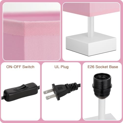 aooshine White Small Bedside Lamp for Bedroom - Square Pink Fabric Shade - Image 6