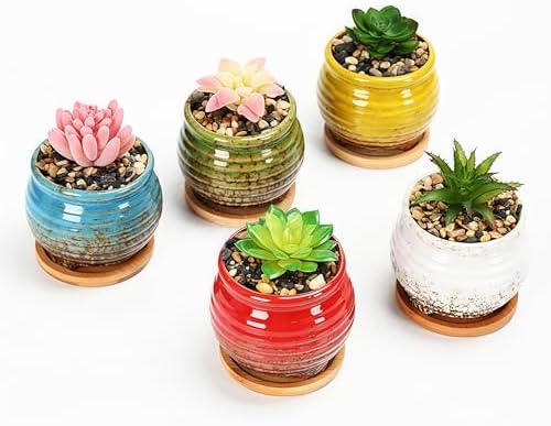 3.5 Inch Ceramic Succulent Planter Pot with Drainage Hole & Bamboo Tray - Mini Round Small Plant Pot for Indoor Desktop, Cactus Flower Container (Plant and Soil Not Included)，Green - Image 4