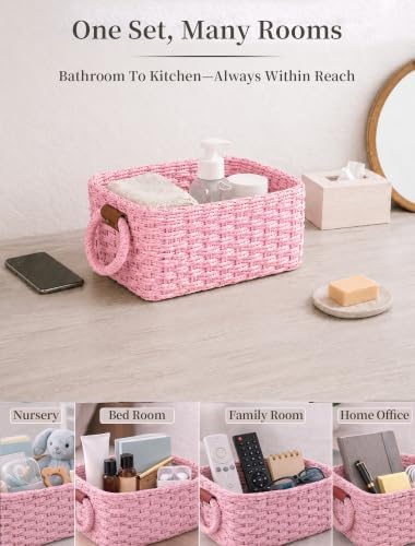 Small Wicker Baskets, 3 PCS Paper Rope Baskets for Shelves, Pink - Image 6