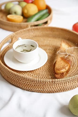 HITOMEN 14.2" Hand-Woven Round Rattan Serving Tray Decorative Ottoman Wicker Platter with Handles for Coffee Table, Breakfast, Drinks, Snack, Bread, Fruit, Vegetables (Natural-L) - Image 2
