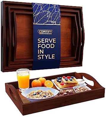 Comfify Dark Brown Bamboo Serving Trays Set of 3 – Nesting Ottoman Trays by Comfify