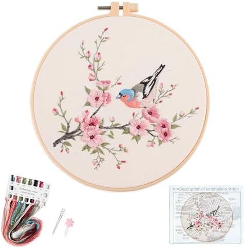 Silentsea Bird & Pink Blossoms Embroidery Kit – All-Inclusive DIY Cross Stitch Set with Pre-Printed Fabric, Threads, Needle, and Hoop for Adults – Perfect for Craft Lovers & Relaxation by Silentsea