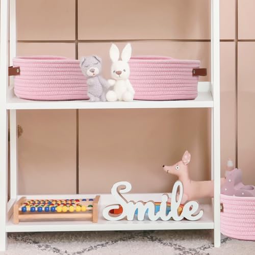 Small Woven Cotton Rope Basket with Leather Handle, Pink - Image 6