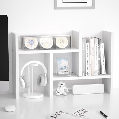 Jerry & Maggie Desktop Organizer Office Storage Rack Adjustable Wood Display Shelf Free Style Double H, Multi-Functional Mini Bookshelf for Desk Natural Stand (White) by JERRYMAGGIE