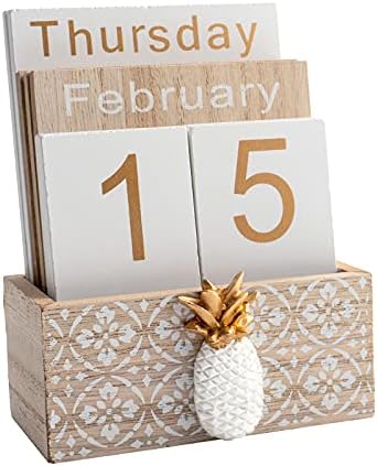 Notakia Vintage Wood Block Perpetual Calendar Month Week Date Display for Home Office Desk Rustic Decoration, Brown pineapple by Notakia